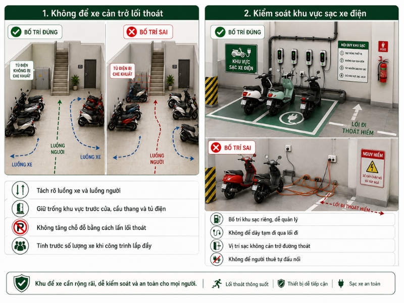 Bố trí khu để xe an toàn trong chung cư mini (Ảnh minh họa bởi AI)
