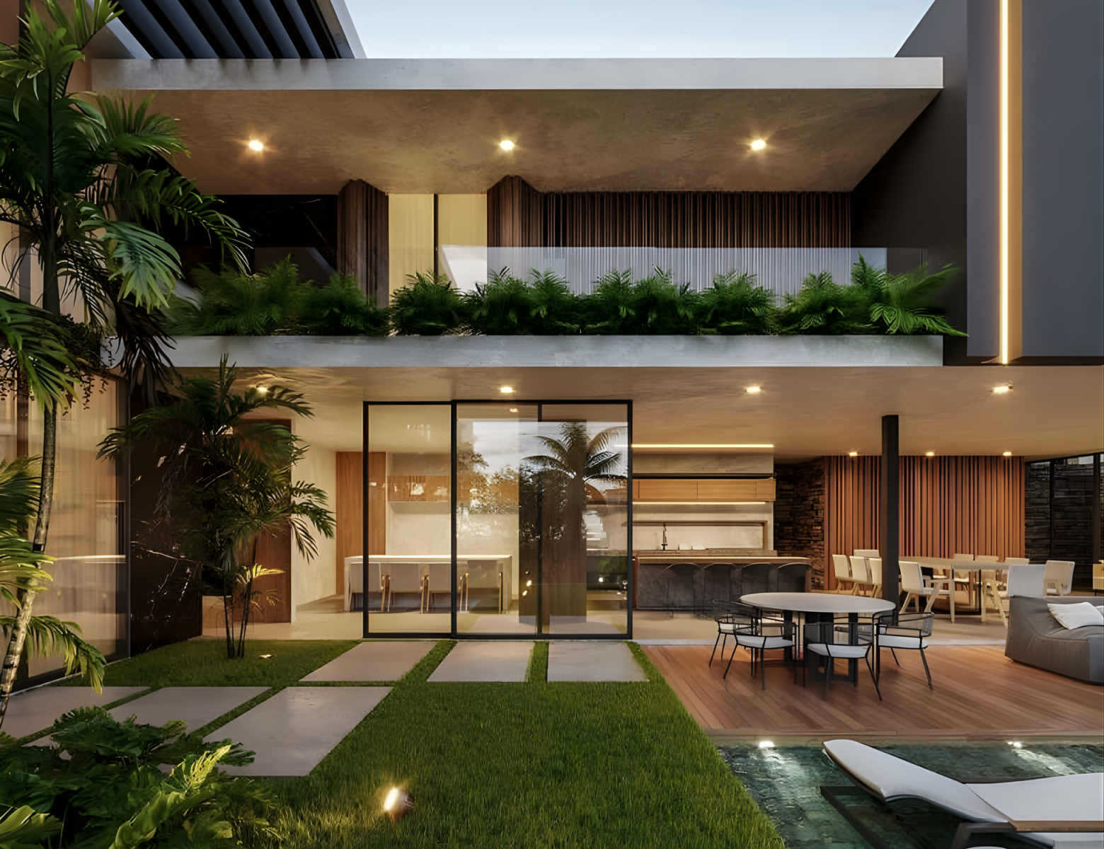 Không gian mở biệt thự nghỉ dưỡng kết nối sân vườn, hồ nước và nội thất hiện đại.