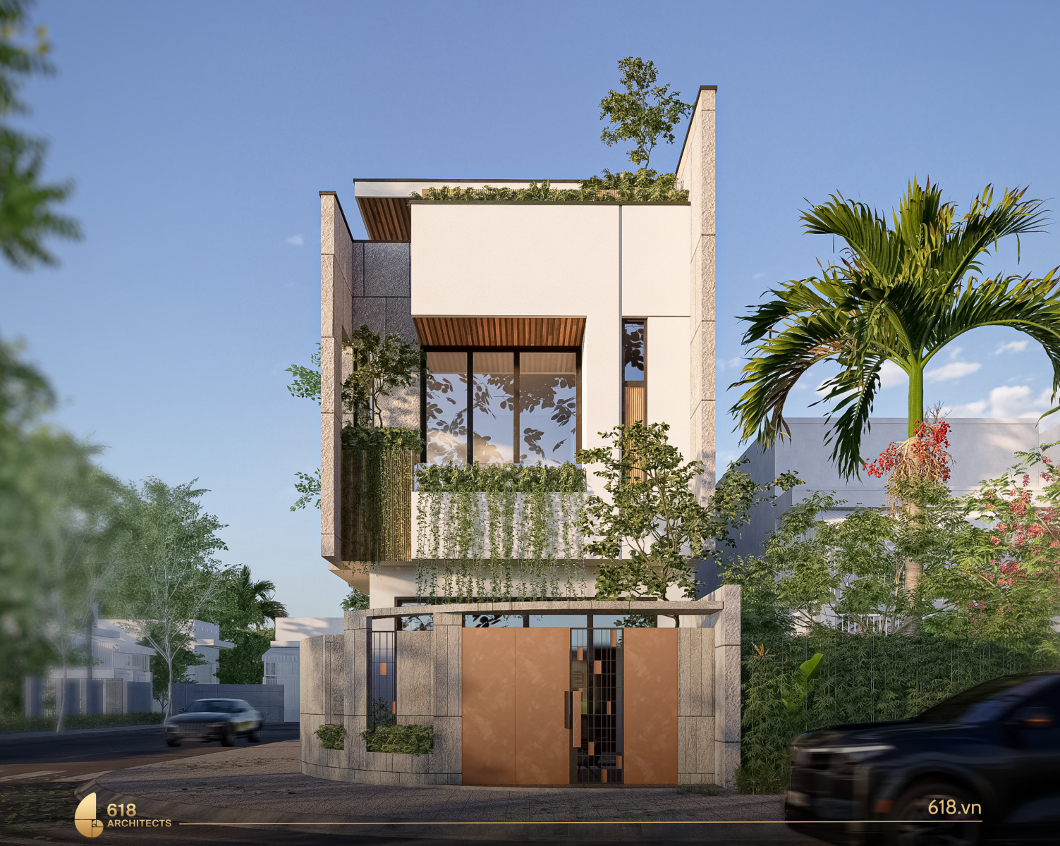 Mặt tiền của M’S House cho thấy sự kết hợp hài hòa giữa vật liệu và không gian xanh