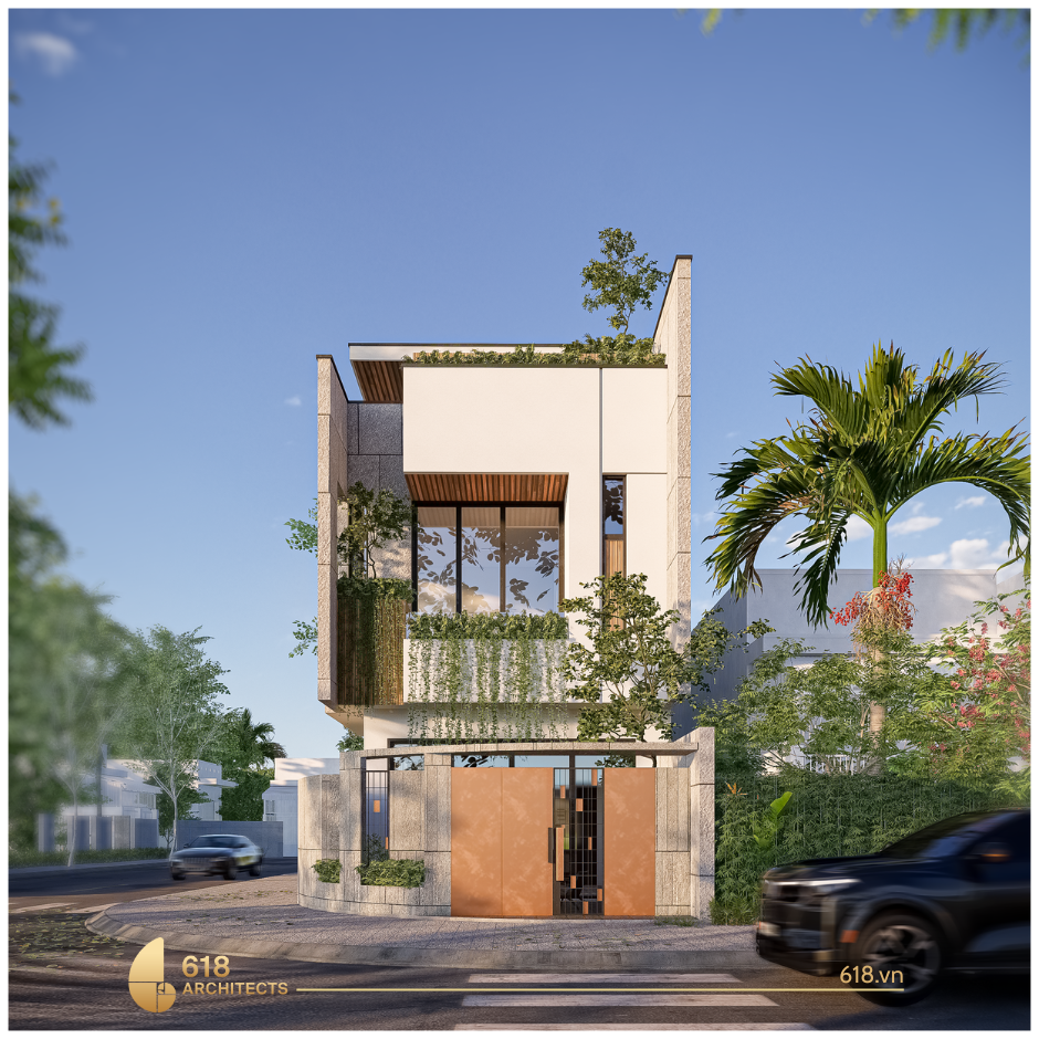 Mặt tiền của M’S House cho thấy sự kết hợp hài hòa giữa vật liệu và không gian xanh