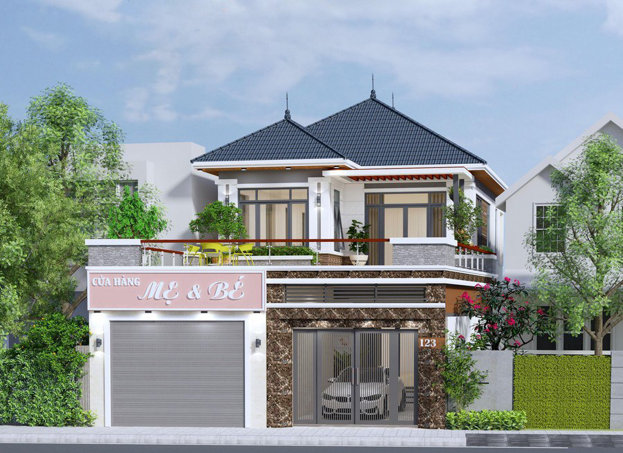 Mẫu thiết kế nhà 2 tầng kết hợp kinh doanh của hàng Mẹ & Bé