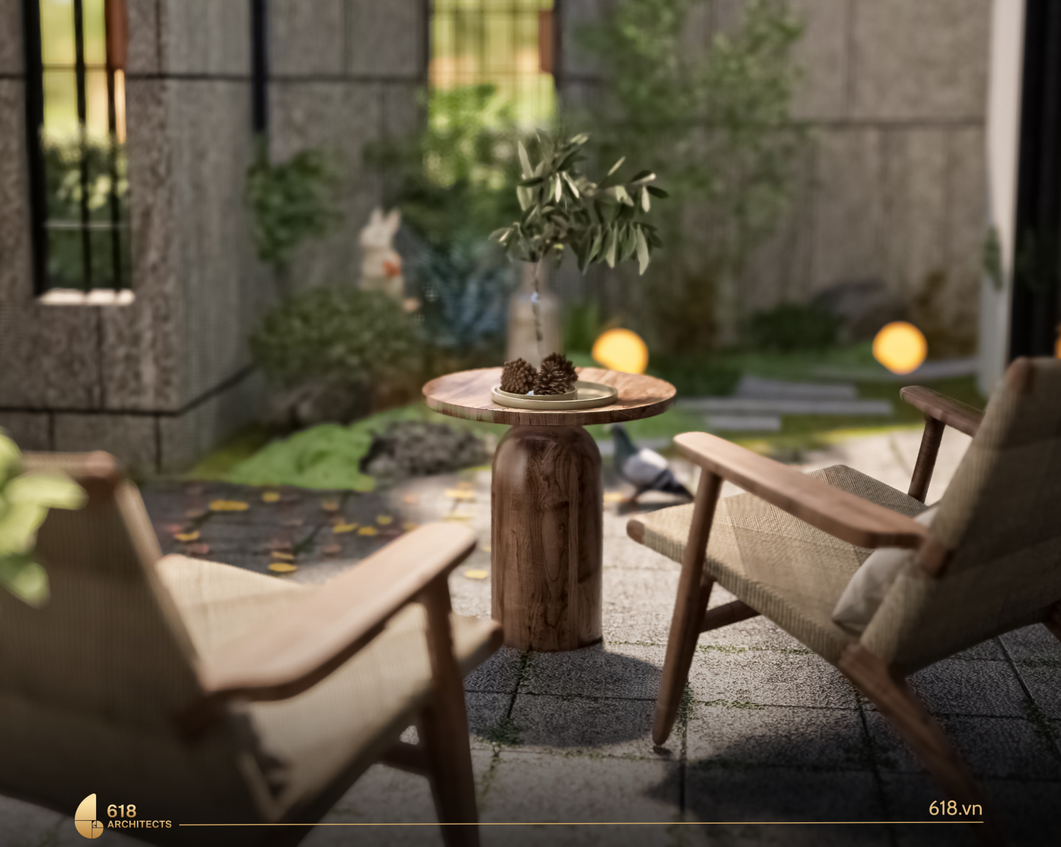 Cây xanh được bố trí khéo léo để làm mềm hình khối vuông vức